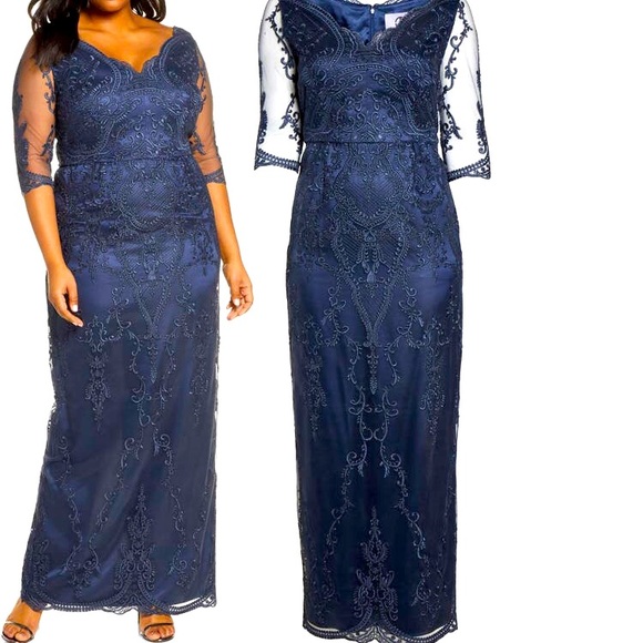 NWT JS Collection Scallop V Neck Embroidered Mesh Gown Size 16W - Picture 4 of 10